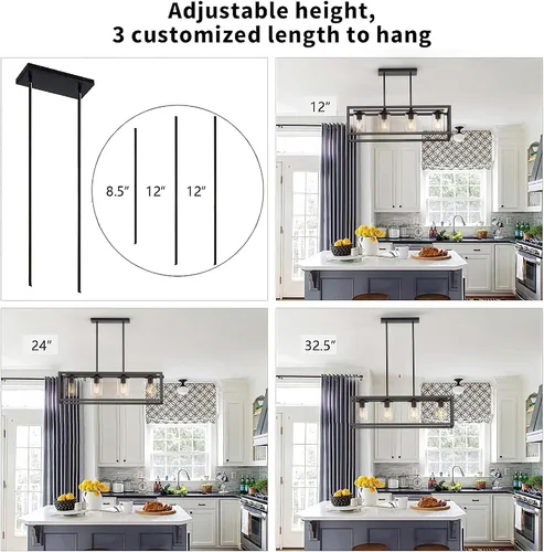 Miniatura 3 de Lámpara de comedor de granja – Iluminación de isla de cocina de 4 luces con altura ajustable y metal grueso para comedor sobre mesa, candelabros