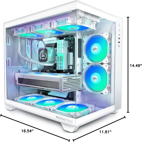 Miniatura 8 de MUSETEX Caja de PC ATX, 6 Ventiladores ARGB PWM Pre-Instalados, Soporte para RAD de 360MM, Caja de PC para Juegos con Type-C, Vista Completa de 270°