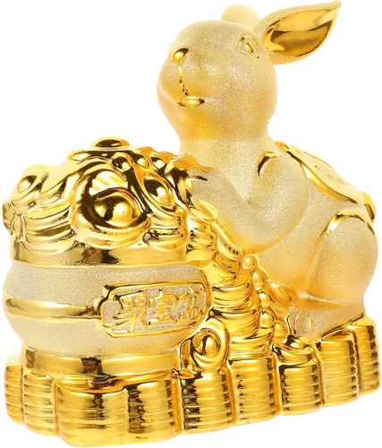 Estatua de conejo de cerámica Feng Shui Estatua de conejo para riqueza 2023 Año Nuevo chino Zodiaco Recuerdo Animales Banco Moneda Conejito Caja de