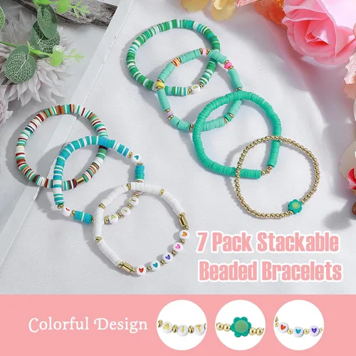 Miniatura 2 de Colorida pulsera elástica apilable, estilo bohemio, con cuentas, pulsera Heishi Surfer apilable Y2K, joyería de moda, conjunto múltiple de amistad