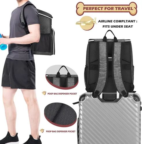 Miniatura 5 de BAGLHER Mochila de viaje para perros, mochila de suministros para mascotas aprobada por aerolíneas, mochila de viaje para perros con 2 cuencos Gris