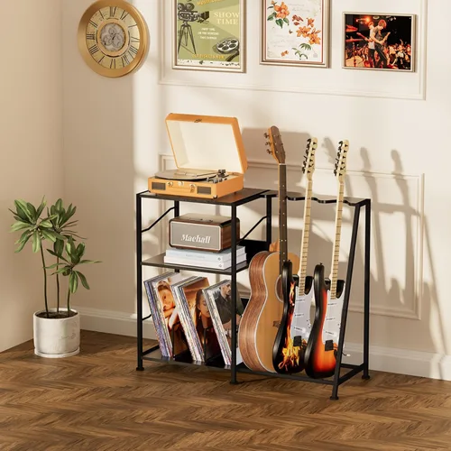 Miniatura 2 de Hosfais Soporte para tocadiscos, soporte de guitarra de 3 niveles para acústico, guitarra eléctrica, soporte para bajo, almacenamiento de discos