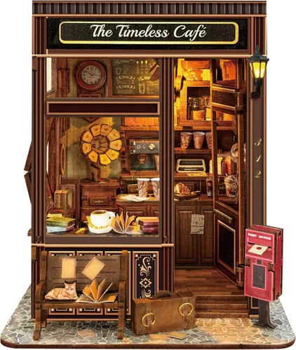 The Timeless Cafe Book Nook - Casa de muñecas vintage en miniatura con iluminación LED, rompecabezas 3D para decoración de estantería para adultos,