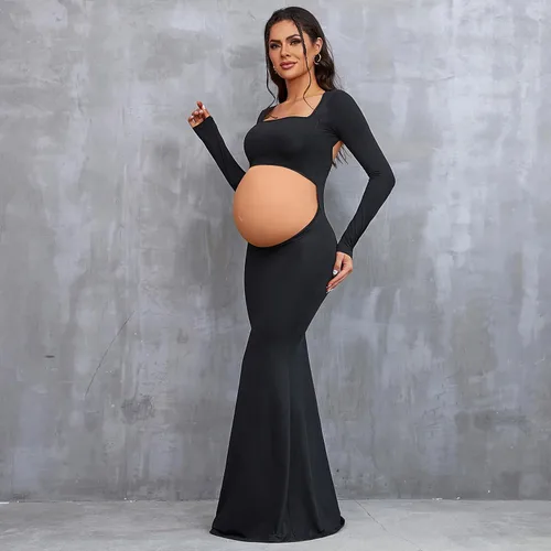 Miniatura 3 de Bhome Vestido de sesión de fotos de maternidad, manga larga, sexy, recortado, espalda descubierta, vestido largo de maternidad, trajes de fotografía