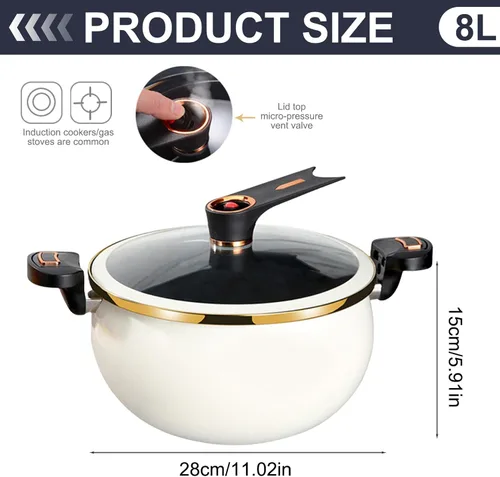 Miniatura 6 de Mini olla a presión, olla de calentamiento rápido de 8 litros con asas de bloqueo, olla antiadherente con tapa transparente estable para gas