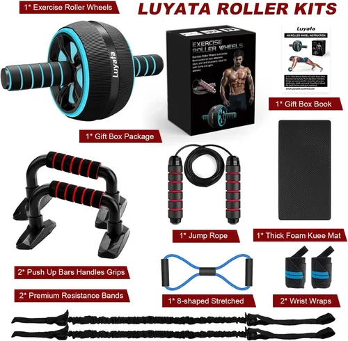 Miniatura 6 de Rueda para abdominales, kit de ruedas de ejercicio abdominal 10 en 1 con bandas de resistencia, alfombrilla para rodillas, cuerda de saltar, barra