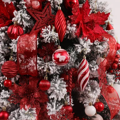 Miniatura 5 de Juego de 100 adornos de bolas navideñas - Surtido de adornos colgantes irrompibles para árbol con paquete de regalo reutilizable portátil para árbol