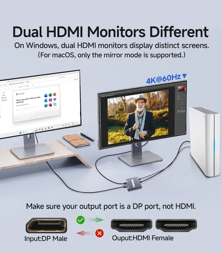 Miniatura 4 de Adaptador DisplayPort a Dual HDMI 1 entrada y 2 salidas 4K60Hz, divisor de puerto de pantalla extendida de DP a HDMI para monitores duales