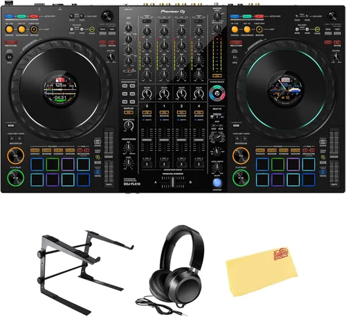 Miniatura 13 de Pioneer DJ DDJ-FLX10 Controlador profesional de DJ de 4 canales, paquete negro con funda de transporte, auriculares HDJ-CUE1, cable XLR y paño