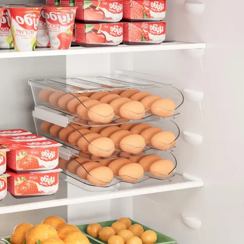 Miniatura 7 de Soporte para huevos para nevera, organizador automático de huevos con ruedas para refrigerador, contenedor apilable transparente para almacenamiento