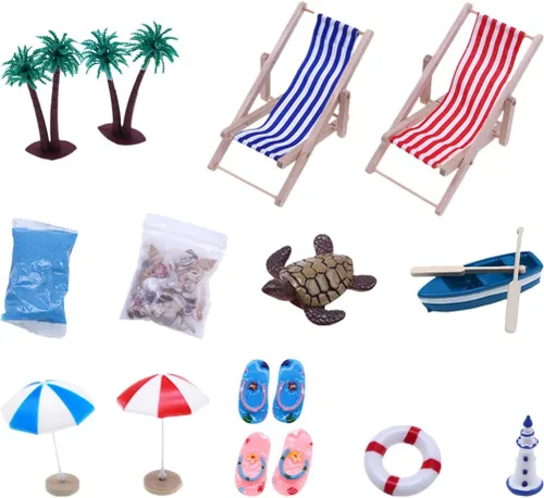 Juego de accesorios de playa en miniatura 1 12 escala micro escena decoración con silla plegable para tomar el sol y paraguas para casa de muñecas