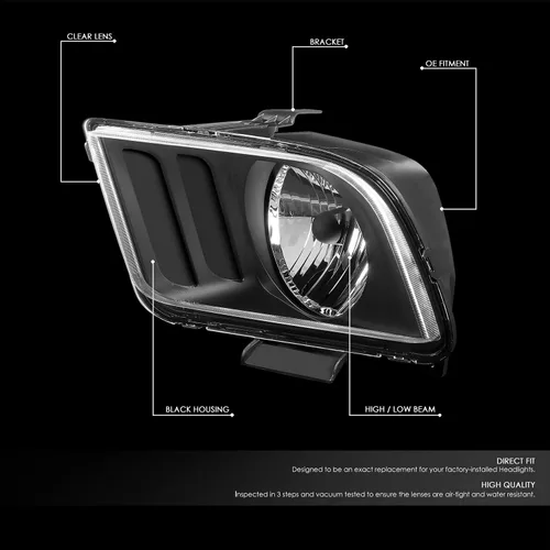 Miniatura 2 de DNA MOTORING HL-OH-FM05-BK-CL1-CFS-H13 - Faros delanteros con carcasa negra de repuesto compatibles con Ford Mustang 05-09, par de bombillas LED