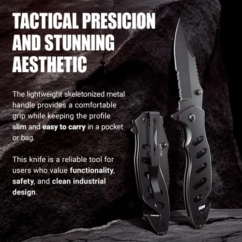 Miniatura 9 de Cuchillo táctico legal para hombres y mujeres - Hoja serrada de 2.68 pulgadas - Pequeños cuchillos de bolsillo negros con rompecristales y cortador