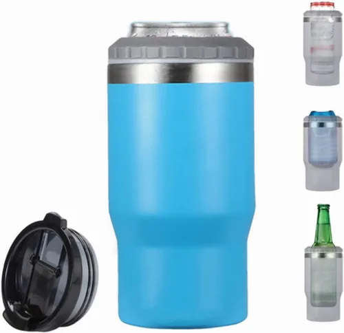 Miniatura 4 de Enfriador de latas de acero inoxidable de 14 oz, 4 en 1, con aislante para botellas de cerveza de 12 oz, con 2 tapas, enfriador térmico aislado