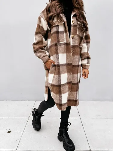 Miniatura 3 de Yousify Chaqueta larga con solapa a cuadros para mujer cepillada con botones y bolsillos