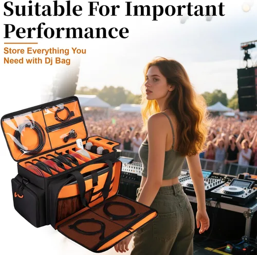 Miniatura 8 de Bolsa grande para cables de DJ con bolsillo para laptop y micrófono, bolsa de DJ para equipo y accesorios de música con divisores desmontables