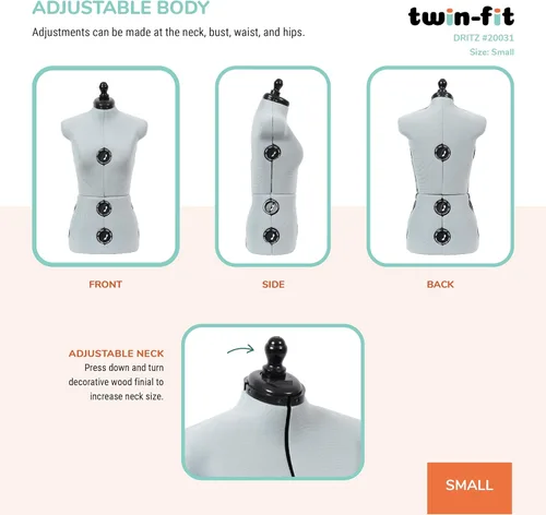 Miniatura 5 de Dritz Forma de vestido ajustable de doble ajuste, tallas pequeñas de EE. UU. 4-10, maniquí de ropa femenina para coser, ajustar y drapear, maniquí