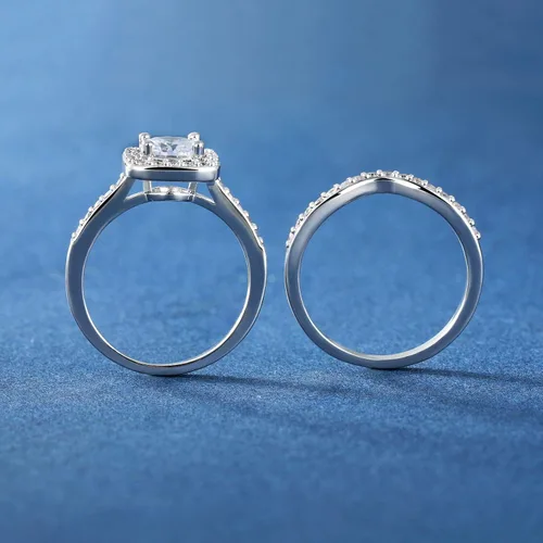 Miniatura 6 de MDFUN Anillo de compromiso de boda con circonita cúbica chapada en oro blanco de 18 quilates con halo de compromiso de boda y eternidad para mujer