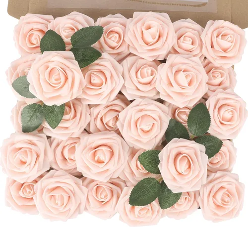 Miniatura 8 de MACTING 30 Rosas Artificiales Blancas Flores Falsas con Tallo Rosas de Espuma de Tacto Real para DIY Arreglos de Ramo de Boda Centros de Mesa White-1