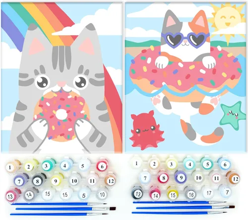 Astrakuma Studio Pintura por números para niños de 8 a 12 años – Kits de pintura de donas de gato por números con tableros de lienzo predibujados,