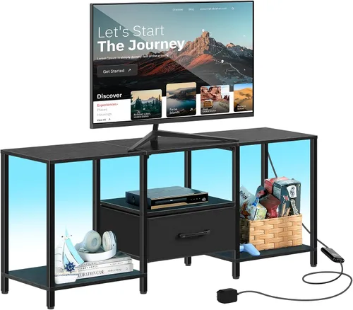 LIANTRAL Soporte de TV negro para dormitorio con armario de almacenamiento de hasta 50 pulgadas, mesa consola de TV pequeña con tomas de corriente,