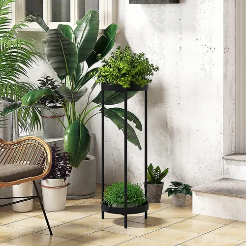 Miniatura 5 de Soporte para Plantas de 30", Soporte de Metal de 2 Niveles para Flores y Plantas con 2 Bandejas Extraíbles para Interior o Exterior, Exhibidor