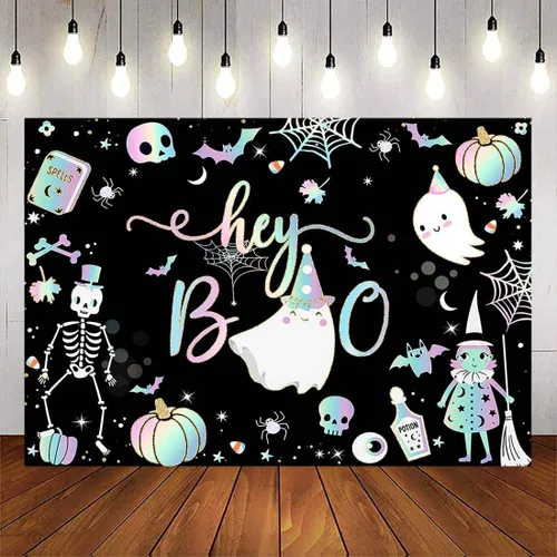 Avezano Cartel de fondo de Halloween de Hey Boo de 7 x 5 pies, pancarta espeluznante de Little Boo, decoraciones para fiestas de Halloween para Negro