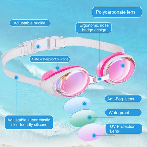 Miniatura 3 de Konohan Paquete de 8 gafas de natación sin fugas para adultos, protección UV, gafas de piscina con clip para la nariz Colores frescos