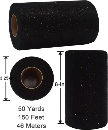 Miniatura 3 de Rollos de tela de tul con purpurina negra, 6 pulgadas, 50 yardas (150 pies), cinta de carrete brillante de lentejuelas para falda tutú, envoltura