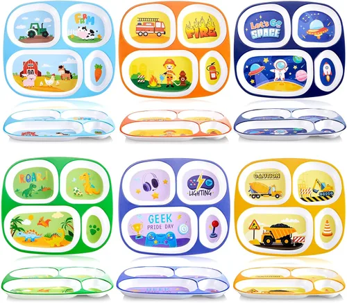 Hushee 6 platos para niños de 9.4 x 8.2 pulgadas para la cena, lindos platos divididos para niños y niñas, platos divertidos de plástico para servir