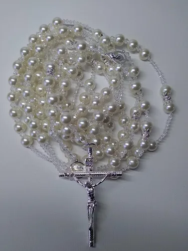 Miniatura 2 de javier lazo de boda para boda/lazo para matrimonio lazo de perla fina color marfil de 0.472 in y cristal fino cruz de metal Lasso color plata Con