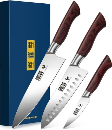 HOSHANHO Juego de cuchillos de cocina de 3 piezas, cuchillos de chef ultra afilados, Santoku/Pelar, cuchillos profesionales de acero de alto carbono