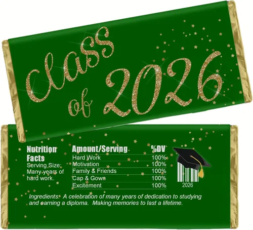 Envolturas de dulces de graduación, etiquetas de barra de chocolate, clase de 2026, recuerdos de fiesta de graduación, paquete de 20 (verde/dorado)