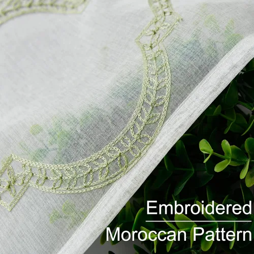 Miniatura 5 de DWCN - Cortinas traslúcidas verde salvia de lino sintético con diseño marroquí bordado - Cortinas de lino sintético semi voile para dormitorio