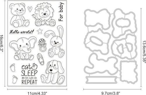 Miniatura 6 de GLOBLELAND Juego de troqueles de corte de muñeca de animales y sellos transparentes, diseño de conejo, perro, elefante, oso y sello de silicona