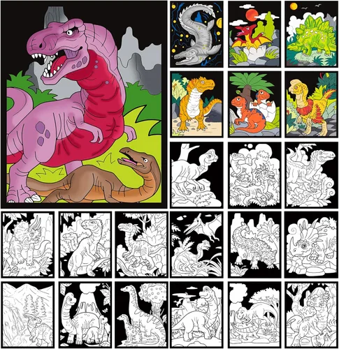 HOTPLACY 48 Piezas Pósteres de Colorear de Terciopelo Difuso Dinosaurio Pósteres Difusos para Colorear para Adultos Adolescentes Póster Grande Hojas
