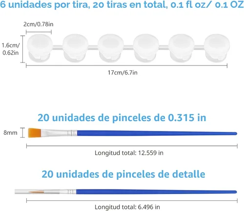 Miniatura 2 de 20 tiras de 120 macetas, tiras de pintura vacías con tapa, mini recipientes de almacenamiento transparentes y 40 pinceles de pintura, suministros