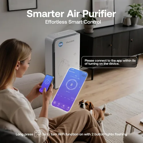 Miniatura 6 de Trucozie Purificador de aire grande para mascotas para el hogar de hasta 3000 pies cuadrados, absorbe el pelo flotante de gatos y perros, WiFi