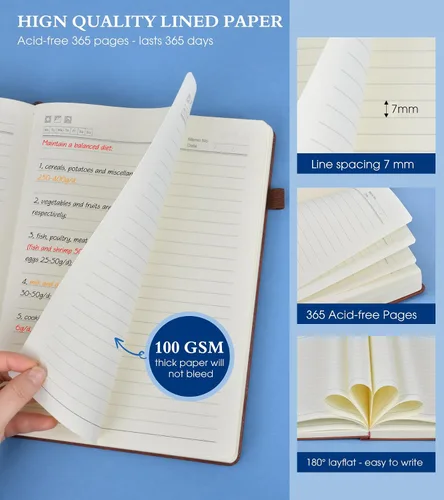 Miniatura 6 de PERCUN - Cuaderno rayado A5 de cuero, 365 páginas para mujer/hombre, tapa dura, páginas gruesas de 100Gsm, para viajes, trabajo, escuela, toma