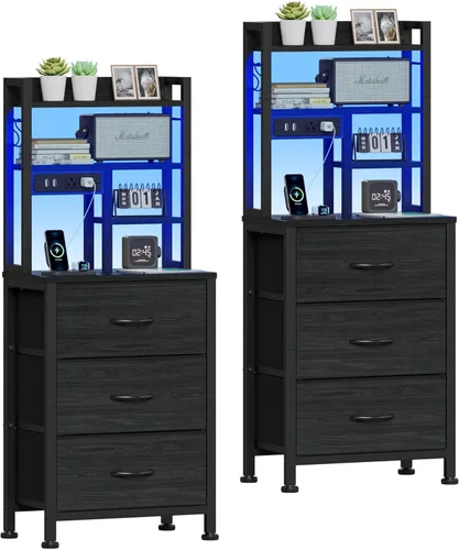 Miniatura 9 de Furnulem - Mesita alta con 3 cajones de tela y luces LED, mesita de noche con estantería, mesas de noche de 45.3 pulgadas de altura con puertos USB