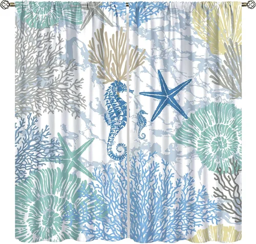 Miniatura 14 de Cortinas de decoración de playa con océano azul, peces náuticos costeros playeros de verano, conchas marinas, temática infantil, dormitorio, sala