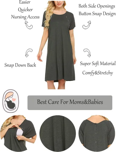 Miniatura 2 de Ekouaer - Camisón con botones y manga corta para mujer, vestido para lactancia, parto, hospital y maternidad, tallas S-XXL