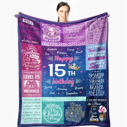 Regalos de cumpleaños para niñas de 15 años – Manta de regalos de quinceañera de 60 x 50 pulgadas – Regalo para niñas de 15 años – Regalos de 15º