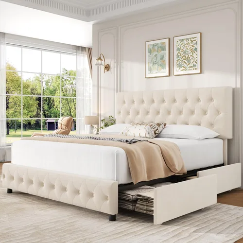 Keyluv - Marco de cama tapizado moderno con 4 cajones de almacenamiento, diseño de cabecera con botones, soporte de listones de madera maciza, fácil