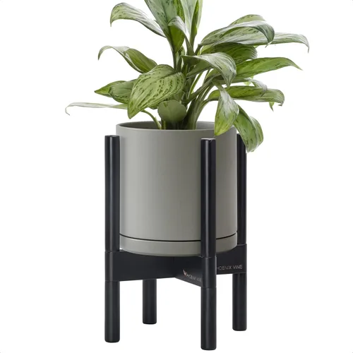 Miniatura 43 de D'vine Dev Maceta de cerámica con soporte de ébano – Maceta redonda moderna de 8 pulgadas con soporte para maceta de madera, color negro, 55-B-M-2