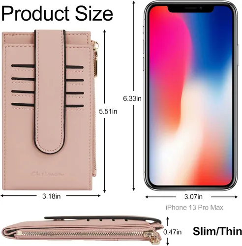 Miniatura 5 de Chelmon Billetera delgada con bloqueo RFID para mujer, con bolsillo con cremallera, Rosa Champán, Minimalista