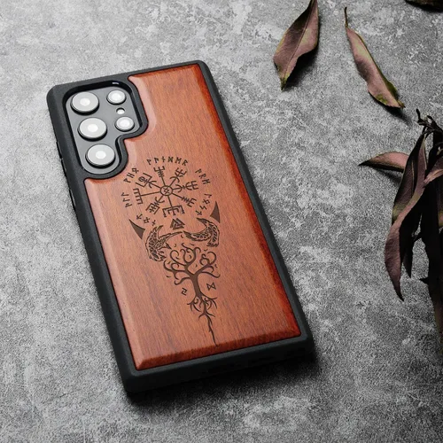Miniatura 3 de Carveit Funda para Galaxy S22 Ultra de madera compatible con S22 Ultra Viking Compass Vegvisir-Rosy Madera real dura, TPU suave, funda protectora