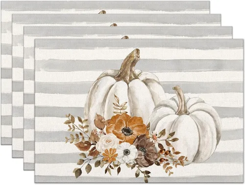 Juego de 4 manteles individuales de otoño, 12 x 18 pulgadas, rayas con calabazas y flores, resistentes al calor, decoración de mesa de otoño de