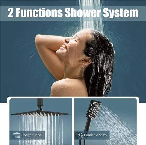 Miniatura 2 de Aolemi Sistema de ducha negro mate para montaje en el techo, cabezal de ducha de lluvia de 12 pulgadas con 3 funciones, rociador de mano ABS de alta