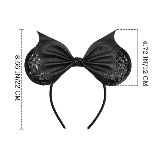 Miniatura 2 de Diadema negra con orejas de ratón de lentejuelas con lazo de ala de poliuretano, lazo de pelo de murciélago de Halloween, decoración de fiesta
